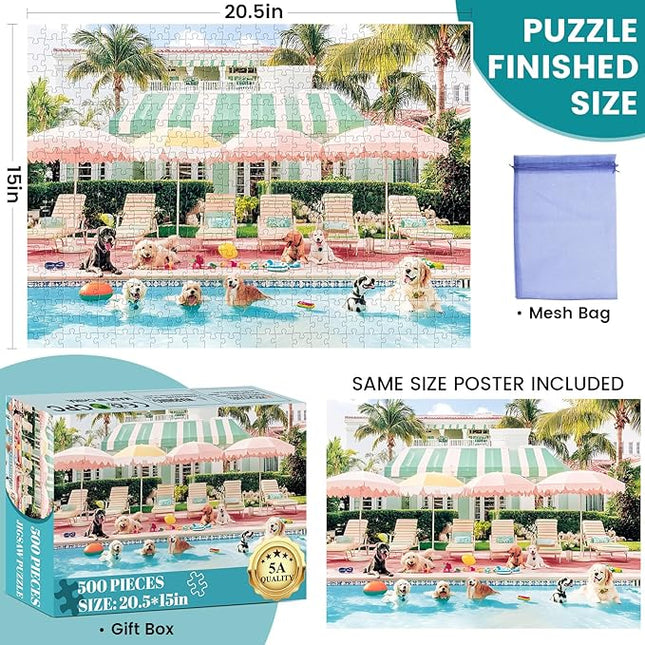 Jigsaw Puzzles 500 Pieces for Adults Puppy Swimming Pool Challenging Jigsaw Puzzle Animal Puzzles Difficult Puzzle Great Gift for Boys and Girls Family Fun Jigsaw Puzzle Game Toy 20.5x15inch