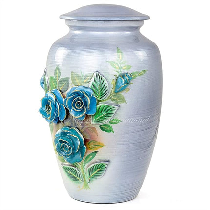 11" 3D Carved Decorative Flowers Aluminum Metal Cremation Urns for Human Ashes | Hand-Crafted Large Urn for Adult Cremation (Silver Roses)