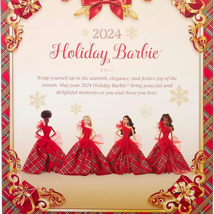 Barbie Signature 2024 Holiday Dolls, Seasonal Collector Gift, Plaid Gown with Red Bow, Displayable Packaging, Dark Brown Hair