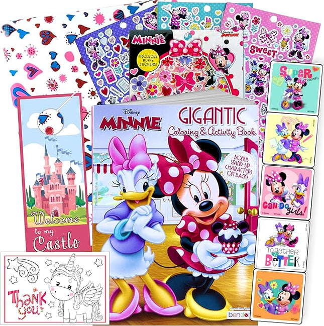 Disney Minnie Mouse Coloring Book and Stickers Gift Set - Bundle Includes Gigantic 192 pg Minnie Mouse Coloring Book, Minnie Mouse Stickers, and 2-Sided Door Hanger, in Specialty Gift Bag