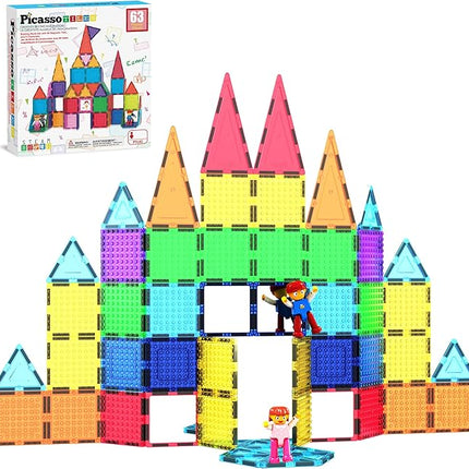 PicassoTiles 63pc Magnetic Tile Building Block Set with 2 Character Figures STEM 3D Construction Educational Toy for Kid Toddlers Boys Girls Age 3 Plus Montessori Learning Playset Creativity Kit PTL63