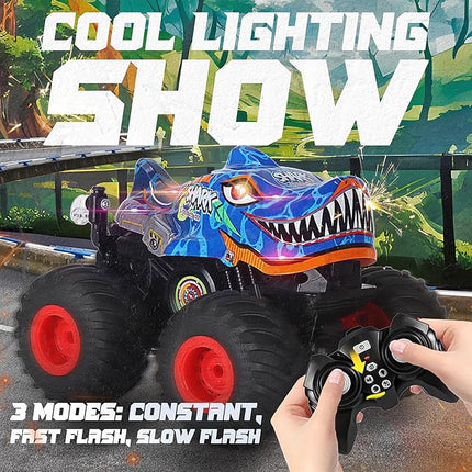 BEZGAR Monster Truck Toys - Remote Control Monster Truck with Light & Music, Dinosaur Truck for Kids, 1:20 Scale RC Truck with 360° Spins and Drifting, Remote Control Car for Boys 4-7 BlueShark