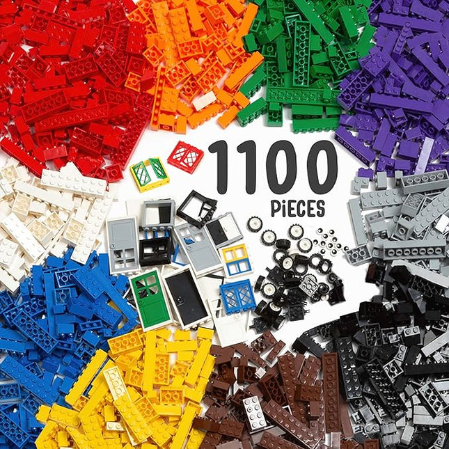 Play Platoon 1100 Pieces Building Bricks Set - 10 Classic Color Blocks - Bulk Building Blocks Compatible with Major Brands - 14 Different Shape Bricks - Includes Wheels, Tires, Axles, Windows & Door