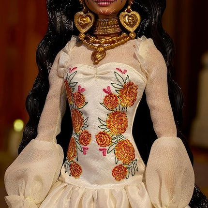 Barbie Signature Doll, Día De Muertos 2025 Collectible in Ruffled Cream Gown Trimmed with Marigolds and Ribbon, Flower Crown and Calavera Face Paint