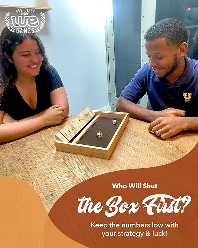 WE Games Wooden Shut The Box - Close The Box Set with 12 Number Tiles & 2 Dice Games - 13.5” Natural Wood Finish