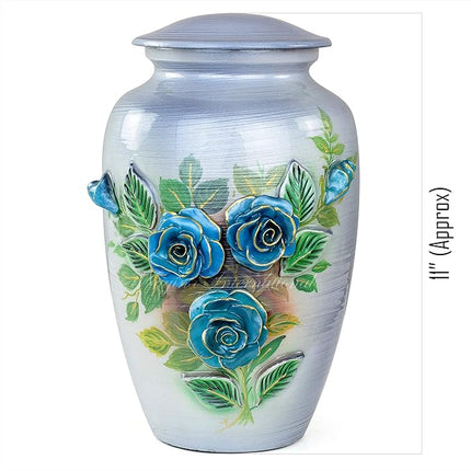 11" 3D Carved Decorative Flowers Aluminum Metal Cremation Urns for Human Ashes | Hand-Crafted Large Urn for Adult Cremation (Silver Roses)
