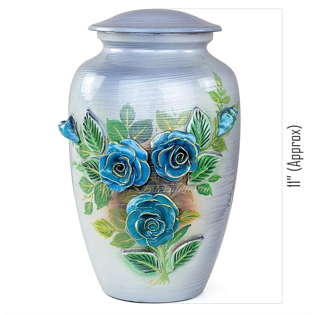 11" 3D Carved Decorative Flowers Aluminum Metal Cremation Urns for Human Ashes | Hand-Crafted Large Urn for Adult Cremation (Silver Roses)