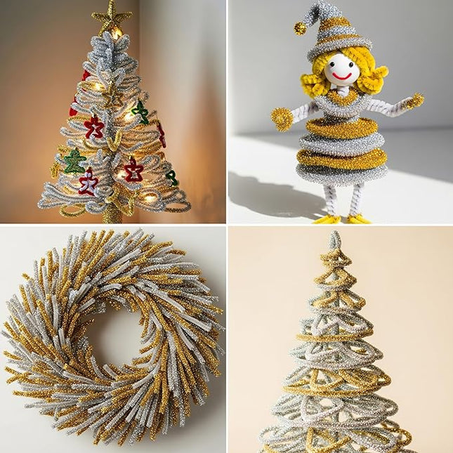 Caydo 200 Pieces Glitter Golden & Silver Pipe Cleaners, Thick Fluffy Chenille Stems, Pipe Cleaner Crafts for Arts & Crafts, Perfect for Making Animals, Flowers, and Valentine's Day Decorations