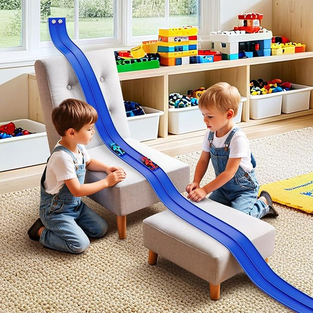 16 Ft Flexible Race Car Ramp Track for Kids Toy with Suction Cups, Compatible with Diecast 1/64th Cars, Rolls Up Portable Racetrack Party Favor Gifts for Boys Ages 3-10 Year Old (Racing Blue)