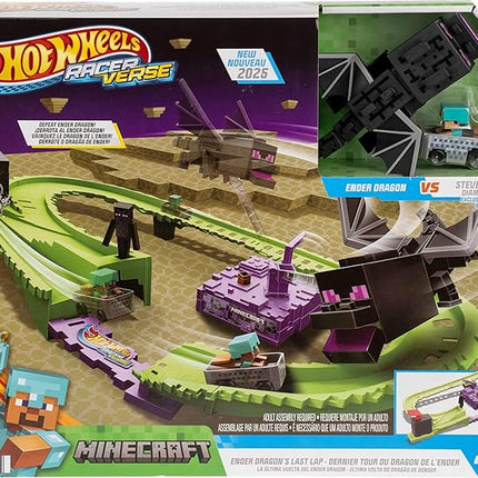 Hot Wheels Toy Car Track Set, RacerVerse Minecraft Playset & Die-Cast Diamond Armor Steve in Minecart Vehicle, Launch & Race to Defeat Ender Dragon