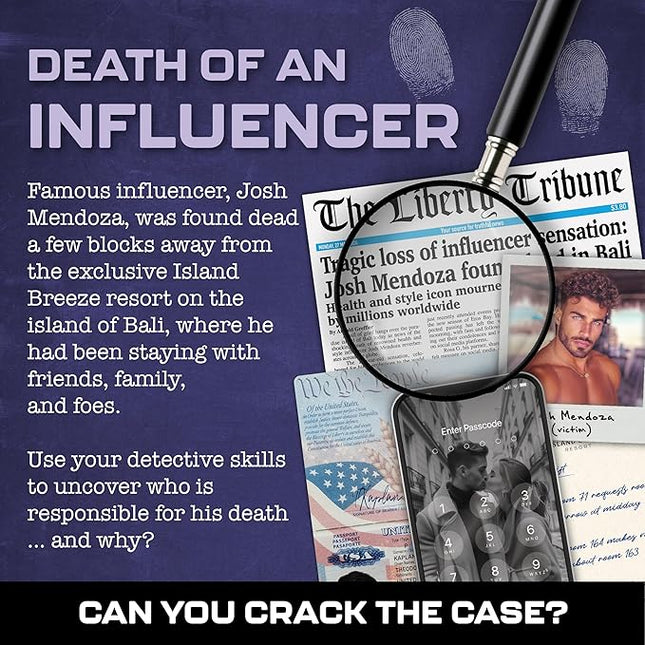 MMC Death of an Influencer – Thrilling Murder Mystery Games for Adults in Bali Paradise – 28 Realistic Evidence Pieces, 150 Min Gameplay (3.5/5 Difficulty) – Cold Case Files Game for 1-10 Players