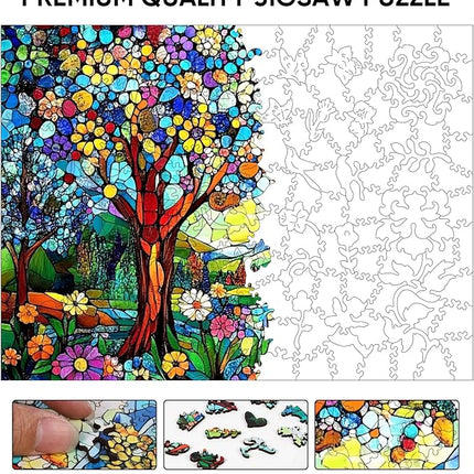 Wooden Puzzles for Adults 500 Pieces, Stained Glass Tree of Life Jigsaw Puzzles, Adults Puzzles, Birthday Gifts for Puzzle Lover, Family Brain Game 14.2x18.9 inch