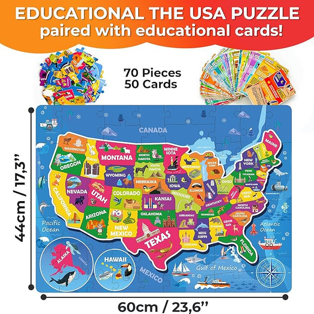 QUOKKA United States Puzzles for Kids Ages 4-6 - 70 Pcs Floor Puzzles for Kids Ages 6-8 Preschool Activities - Includes 50 Cards with 400+ USA Facts- State-Shaped Jigsaw Puzzle Gift for Girls Boys