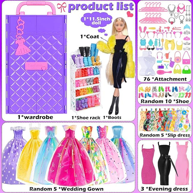 104 Piece Fashion Doll Wardrobe Playset with Poseable 11.5" Doll & 104 Accessories | ASTM-Certified Pretend Play Gift Set for Girls Ages 3+ (Purple)