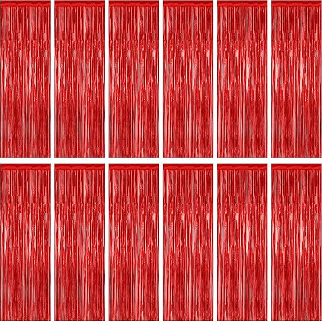 12 Pack Red Curtains, 3.28 FT x 7.05 FT Party Streamer, Metallic Party Backdrop Valentines Day Streamer Foil Curtains, Fringe Tinsel for Red Party Decor Casino Theme Decorations Party Supplies