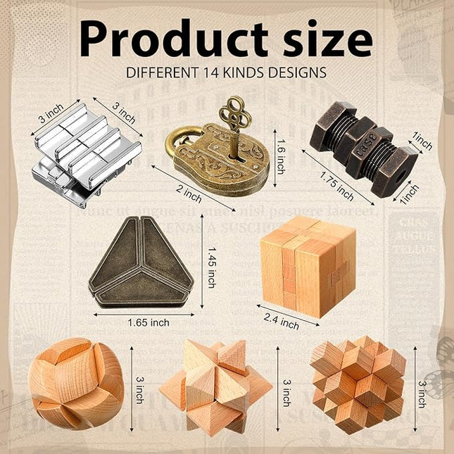 Syhood 14 Pcs Metal Brain Teaser Puzzles Ring Interlock Logic Puzzle Metal Wooden IQ Education Games Lock Challenging Gift for Adults Kid Office Party Table Toys(Educational)