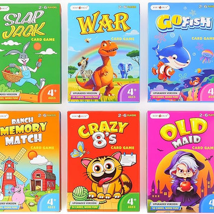 Upgraded Kids Card Games Pack, 6 Decks, Go Fish, Old Maid, Crazy Eights, Memory Match, Slap Jack, War, Playing Cards, Easter Basket Stuffers, Stocking Stuffers