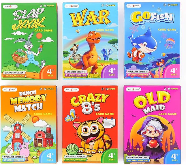 Upgraded Kids Card Games Pack, 6 Decks, Go Fish, Old Maid, Crazy Eights, Memory Match, Slap Jack, War, Playing Cards, Easter Basket Stuffers, Stocking Stuffers