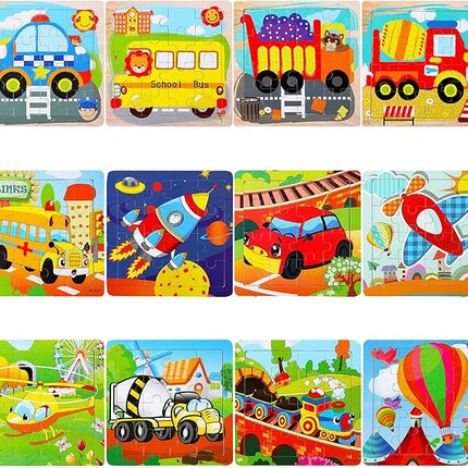 SANNIX 12 Pack Wooden Jigsaw Puzzles for Toddlers 3 4 5 Years Old, Party Favors Transportation Jigsaw for Kids, Educational Puzzles Travel Toy with 12 Organize Bags
