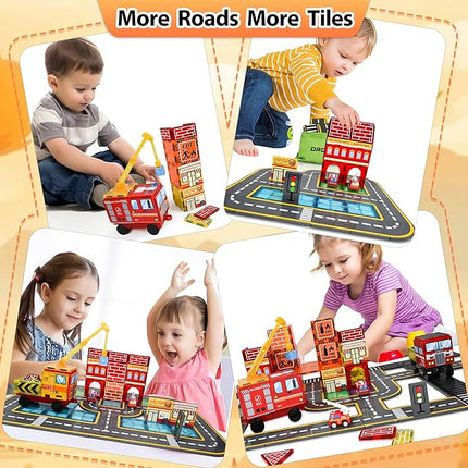 Magnetic Tiles Road Set with Fire Truck Magnetic Crane, Creative Construction Toys for Kids Ages 3-12, Boys & Girls, Fire Rescue Station and Engineering Themed Magnetic Building Blocks