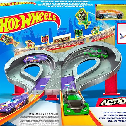 Hot Wheels Track Set Super Speed Blastway Playset, Dual-Track Racing for 1 or 2 Players, Includes 1:64 Scale Toy Car