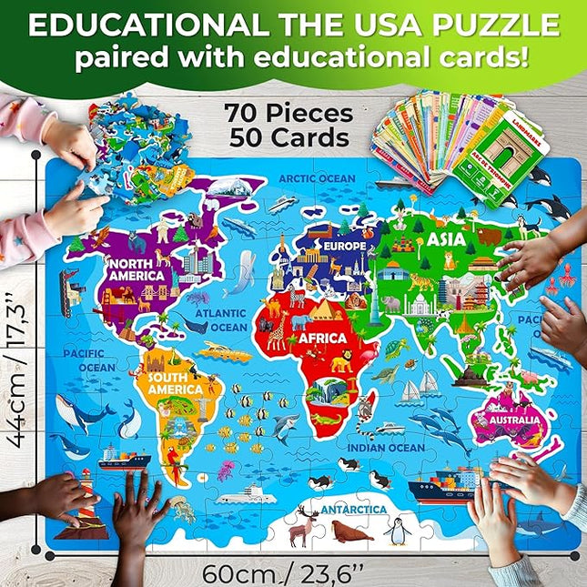 QUOKKA World Map Puzzles for Kids Ages 4-6 - 70 Pcs Floor Puzzles for Kids Ages 4-8 Preschool Activities - Includes 50 Cards with 400+ World Facts - Continent-Shaped Jigsaw Puzzle Gift for Girls Boys