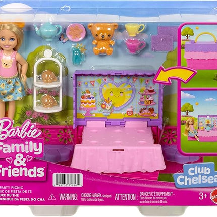 Barbie Family & Friends Club Chelsea Pop-Up Tea Party Playset with Blonde Small Doll, Transforming Picnic Basket & 10+ Accessories