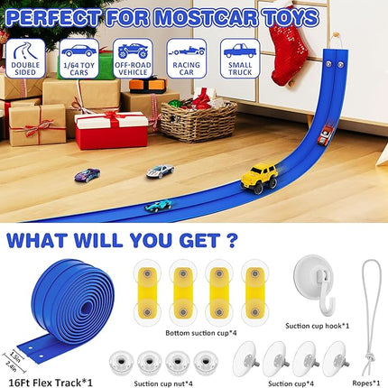 16 Ft Flexible Race Car Ramp Track for Kids Toy with Suction Cups, Compatible with Diecast 1/64th Cars, Rolls Up Portable Racetrack Party Favor Gifts for Boys Ages 3-10 Year Old (Racing Blue)