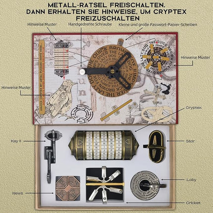 Da Vinci Code Mini Cryptex Metal Puzzle Box Set - 6PCS 3D Brain Teasers, IQ Challenge for Adults Teens, Gift for Christmas Birthday Valentine's Day, Anniversary & Family Party Game