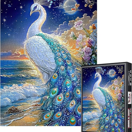 1000 Piece Jigsaw Puzzle for Adults – White Peacock Moonlight Fantasy Puzzles, Elegant Bird Artwork with Ocean Sunset, Relaxing Brain Game, Gift for Puzzle Lovers