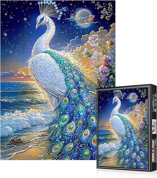 1000 Piece Jigsaw Puzzle for Adults – White Peacock Moonlight Fantasy Puzzles, Elegant Bird Artwork with Ocean Sunset, Relaxing Brain Game, Gift for Puzzle Lovers