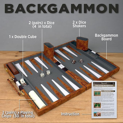 Large Backgammon Sets for Adults - Classic Board Games for 2 Players Adults and Kids - Premium Backgammon Set 15 inch Board and 32 Backgammon Pieces in Quality PU Leather Case - Gift for Man