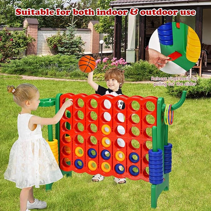 Costzon Giant 4-in-A-Row, Jumbo 4-to-Score Giant Game w/Basketball Hoop, Ring Toss, Quick-Release Slider, 42 Jumbo Rings, Indoor Outdoor Family Connect Game for Kids & Adults, Backyard Games, Green