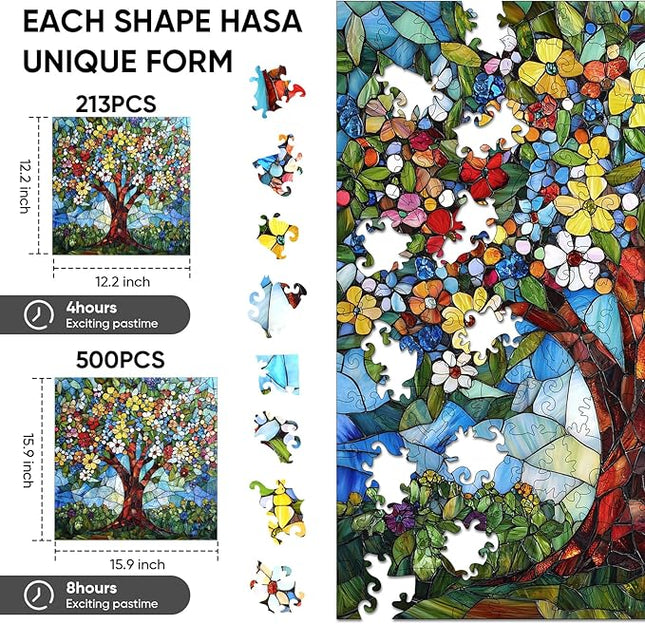 Wooden Puzzles for Adults, Glass Tree of Life Jigsaw Puzzles, 213 Pieces Adults Puzzles, Gifts for Puzzle Lover, Family Brain Game, 12.2x12.2 inch
