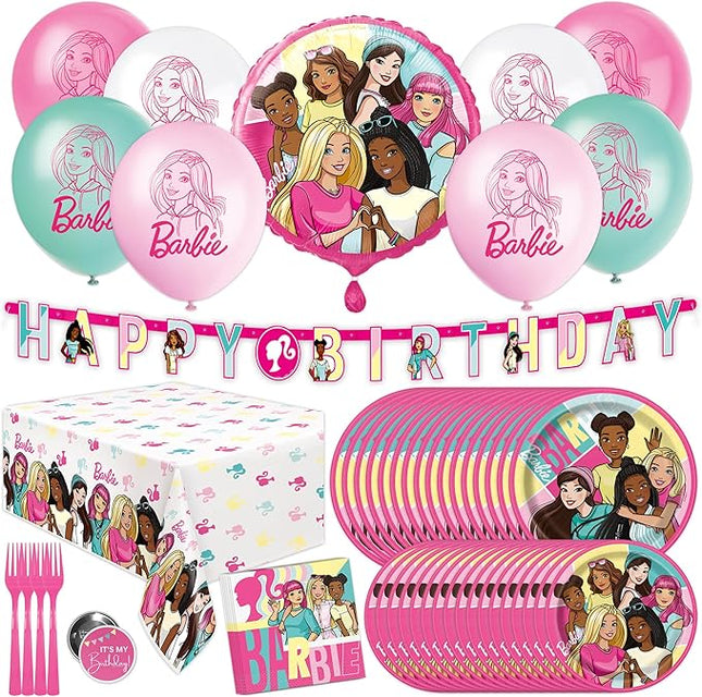 Barbie Birthday Party Decorations | Barbie Party Decorations | Serves 16 Guests | Balloons, Banner, Tablecover, Plates, Napkins, Button | Officially Licensed