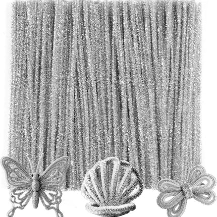Caydo 200 Pieces Glitter Silver Pipe Cleaners, Thick Fluffy Chenille Stems, Pipe Cleaner Crafts for Arts & Crafts, Perfect for Making Animals, Flowers, and Festive Decorations