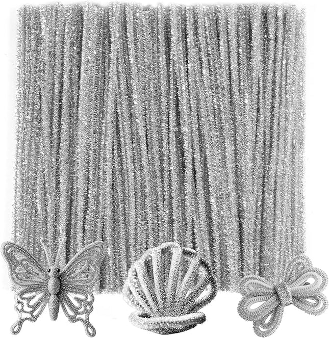Caydo 200 Pieces Glitter Silver Pipe Cleaners, Thick Fluffy Chenille Stems, Pipe Cleaner Crafts for Arts & Crafts, Perfect for Making Animals, Flowers, and Festive Decorations
