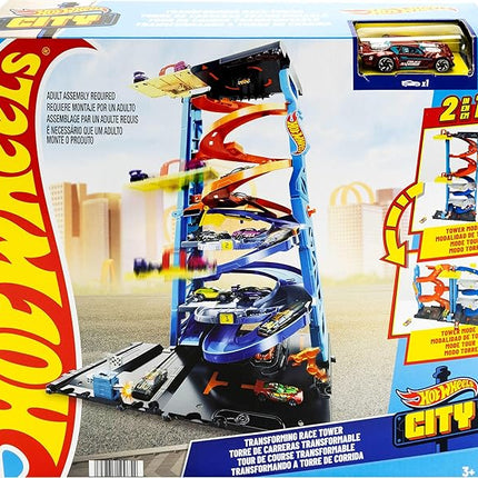 Hot Wheels City Toy Car Track Set, Transforming Race Tower, Single to Dual-Mode Racing, with 1:64 Scale Vehicle, 2 Ways to Play (Amazon Exclusive)
