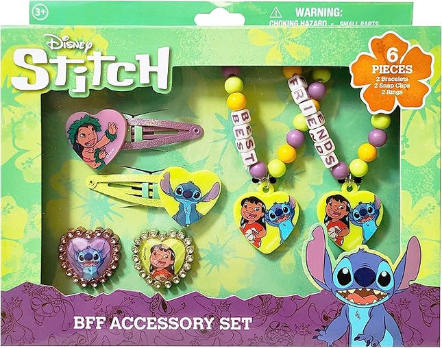 LUV HER Disney Stitch Girls BFF 6 Piece Toy Jewelry Box Set with 2 Rings, 2 Bead Bracelets and Snap Hair Clips Ages 3+