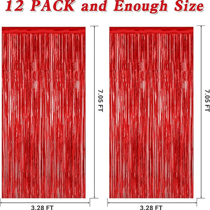 12 Pack Red Curtains, 3.28 FT x 7.05 FT Party Streamer, Metallic Party Backdrop Valentines Day Streamer Foil Curtains, Fringe Tinsel for Red Party Decor Casino Theme Decorations Party Supplies