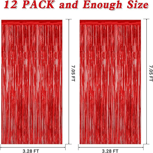 12 Pack Red Curtains, 3.28 FT x 7.05 FT Party Streamer, Metallic Party Backdrop Valentines Day Streamer Foil Curtains, Fringe Tinsel for Red Party Decor Casino Theme Decorations Party Supplies
