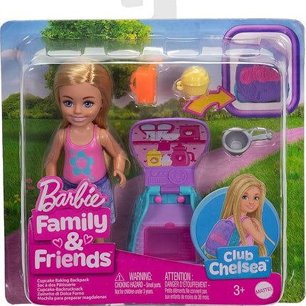 Barbie Family & Friends Cupcake Baking Backpack Blonde Chelsea Doll, Wearable Backpack with Baking Play Pieces