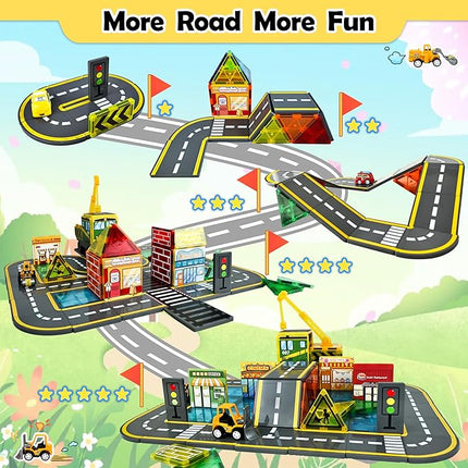 60pc Magnetic Tiles Road Set with 2 Cranes, Creative Construction Toys for Kids Ages 3-12, Boys & Girls, Dentist & Engineering Themed Building Blocks