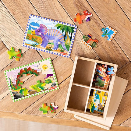 Melissa & Doug 4‑in‑1 Wooden Dinosaur Jigsaw Puzzle Set, 48 Pieces with Storage Box, Toddler Puzzle Toy for Kids Ages 3+ - FSC Certified