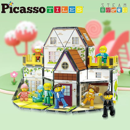 PicassoTiles Magnet Tile Building Block Family Homestead Doll House Theme Playset 8 Character Action Figures Double Sided Magnetic Tiles Printing STEM Education Learning Kit Toy Set Kids Ages 3+ PTQ06
