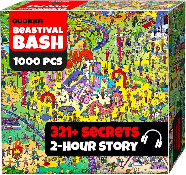QUOKKA 1000 Piece Puzzle for Adults and Teens – Animal Bash Adult Jigsaw Puzzles with Hidden Secrets & Audio Story – Detailed Visual Puzzle Game for Focus & Relaxation with Twist – FSC Certified Gift