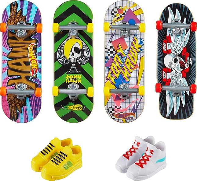 Hot Wheels Skate Tony Hawk Fingerboard & Removable Skate Shoes Multipack, 4 Boards, 2 Pairs of Shoes, 1 Exclusive Set (Styles May Vary)