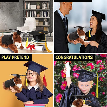 DolliBu Lying Brown Horse Graduation Plush Toy - Soft Graduation Stuffed Animal Dress Up with Gown & Cap with Tassel Outfit - Gift with Personalization - 10.5" Inches