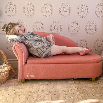 Evolur Barbie Dream in Pink Chaise Lounge, Wrapped in Soft & Durable Linen Upholstery, Ample Storage Below The seat, Comfortable Rolled arm Rest with Stylish Raised Back Rest