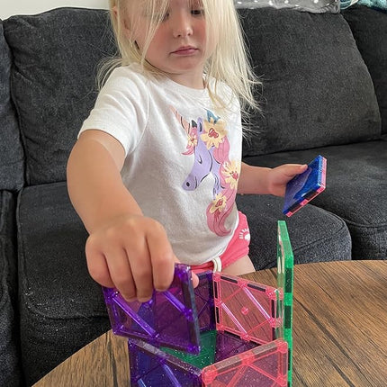 CreateOn Crayola Magnetic Tiles, Building Set for Kids, Magnetic Toys for Kids, Travel Toys, Classroom Sensory Toy Blocks, STEM & Montessori Tools for Boys & Girls Ages 3+, 14-Piece Set (Glitter)